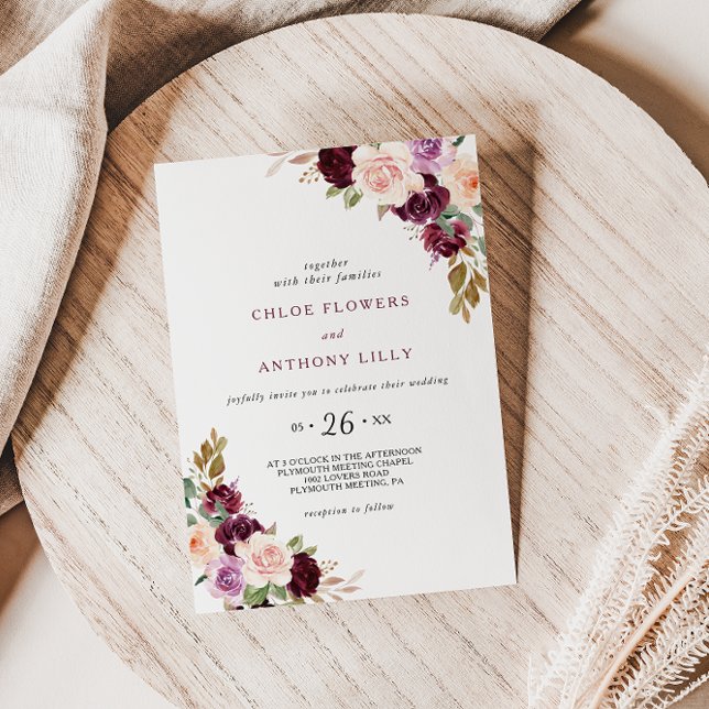 Invitation Mariage floral bleu vert Bourgogne (Créateur téléchargé)