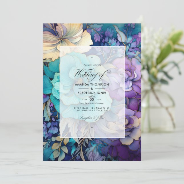 Invitation Mariage Floral Bleu Vert, Violet et Or (Debout devant)