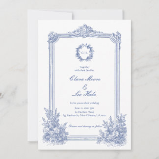 Invitation Mariage Floral Bleu Victorien Français Élégant