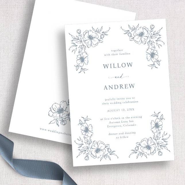 Invitation Mariage Floral Bleu Vintage (Vintage Blue Floral Wedding Invitation
)