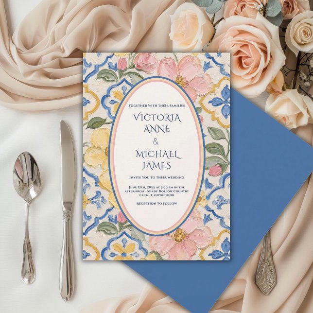 Invitation Mariage Floral Bleu Vintage Toscane (Créateur téléchargé)