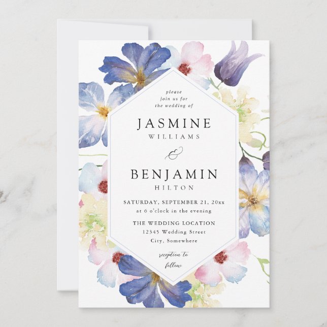 Invitation Mariage Floral bleu violet (Devant)