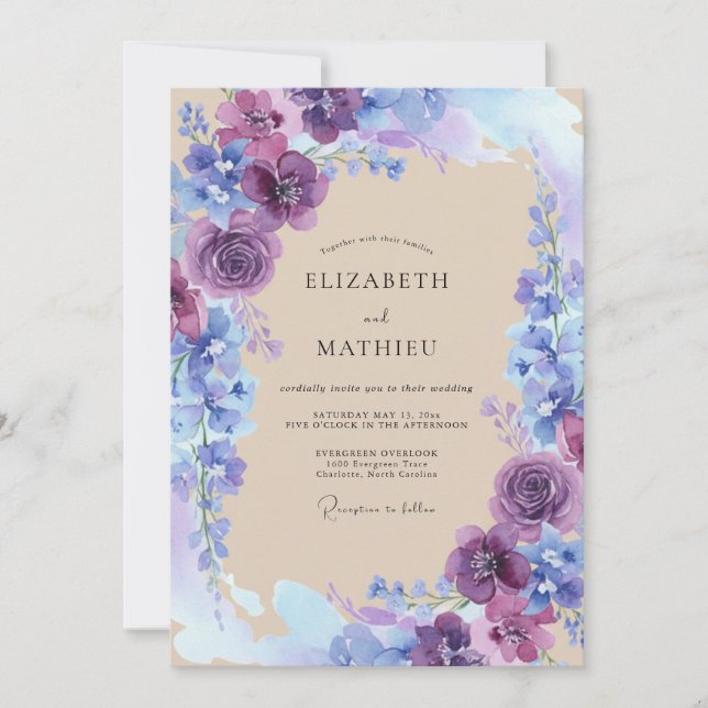 Invitation Mariage Floral Bleu Violet (Devant)
