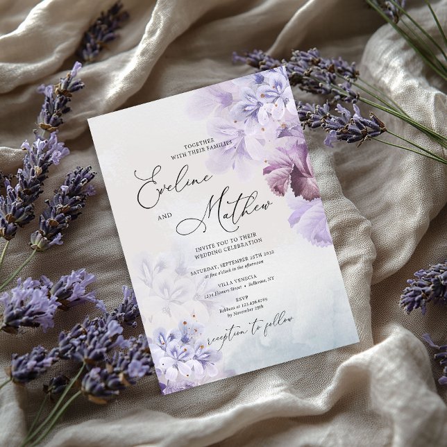 Invitation Mariage floral bleu violet foncé (Dusty purple blue brown ivory floral wedding invitation)