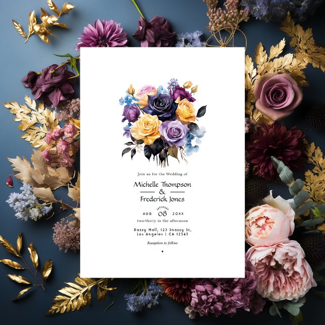 Invitation Mariage floral bleu, violet, or et noir (Créateur téléchargé)