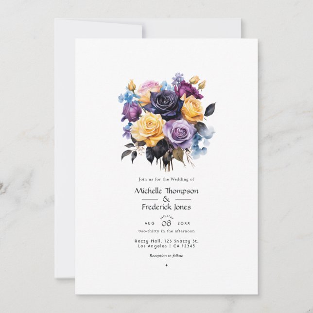 Invitation Mariage Floral Bleu, Violet, Or et Noir (Devant)