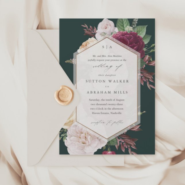 Invitation Mariage Floral Blooms Vintage (Vintage floral bouquet forest green wedding invitations.)