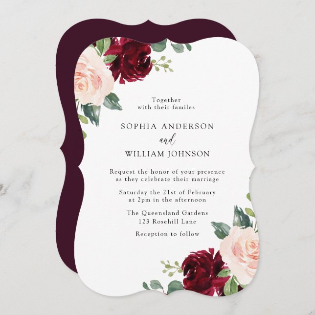 Invitation Mariage floral Blush & Bourgogne (Devant / Derrière)