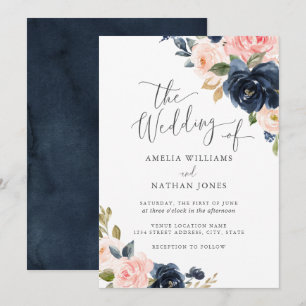 Invitation Mariage floral Blush de la marine moderne