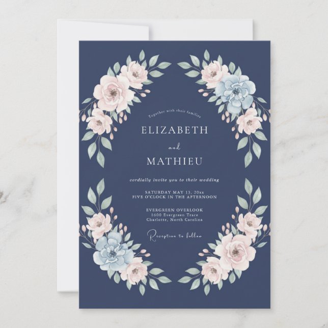 Invitation Mariage Floral Blush Navy Embrasse (Devant)