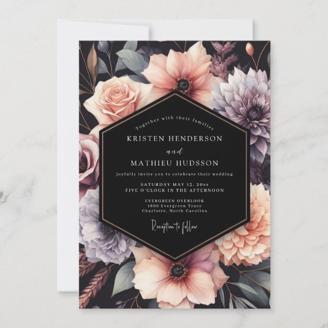 Invitation Mariage Floral Blush Noir (Devant)