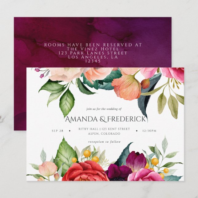 Invitation Mariage floral bohème à l'aquarelle (Devant / Derrière)