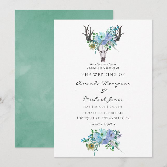 Invitation Mariage floral bohème à l'aquarelle verte menthe e (Devant / Derrière)
