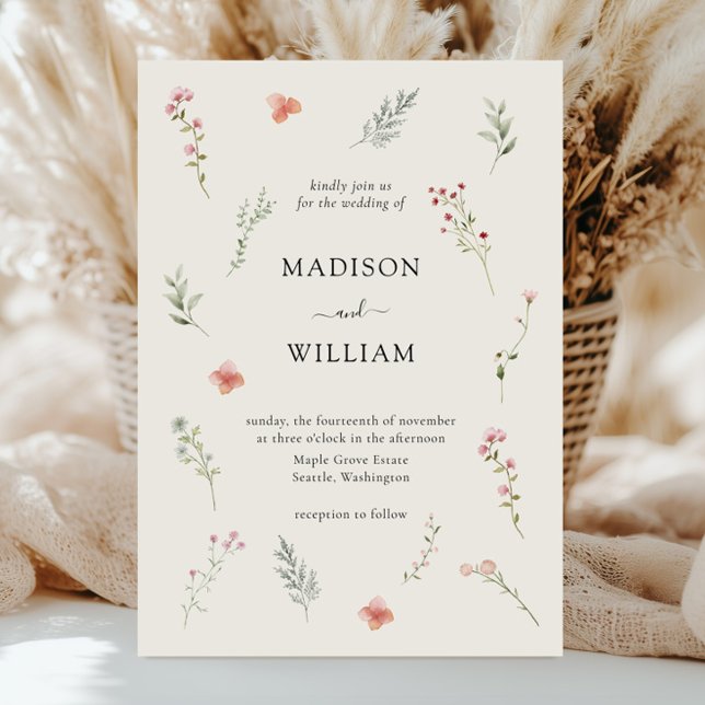 Invitation Mariage Floral Bohème Beige Fleur Sauvage Minimal (Créateur téléchargé)