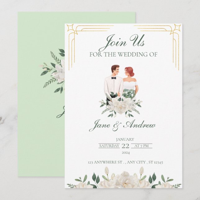 Invitation Mariage Floral Bohème Blanc Et Vert  (Devant / Derrière)