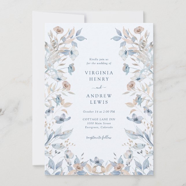 Invitation Mariage Floral Bohème Bleu (Devant)