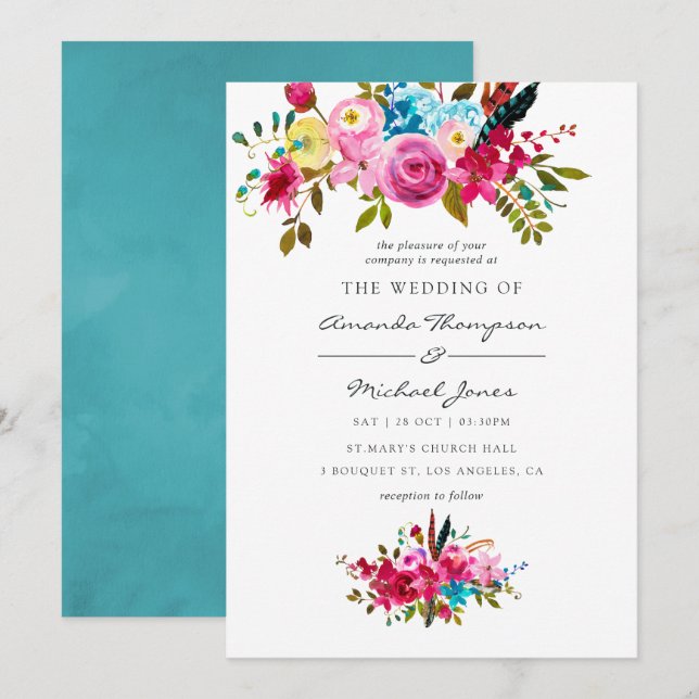 Invitation Mariage floral bohème chic aquarelle (Devant / Derrière)