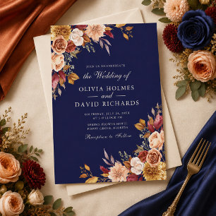 Invitation Mariage Floral Bohème de Minuit Bleu Orange Brûlé