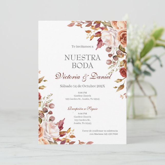 Invitation Mariage Floral Bohème Espagnol (Debout devant)