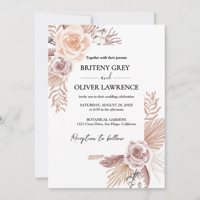 Invitation Mariage Floral Bohème Neutre Rustique (Devant)
