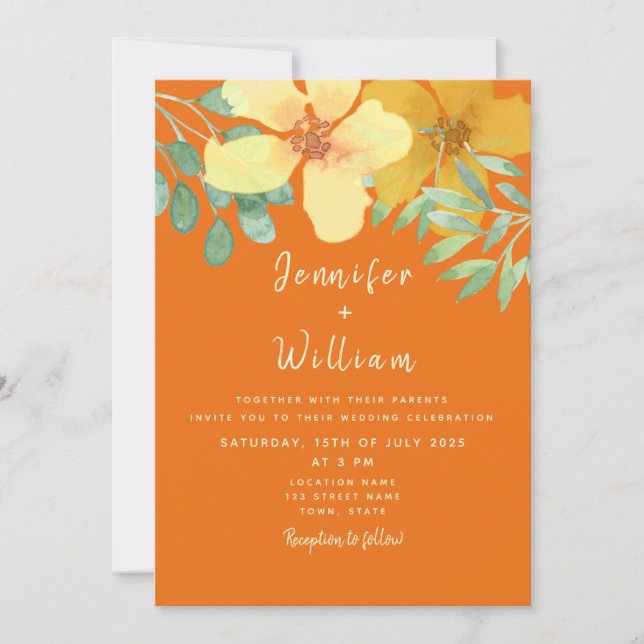 Invitation Mariage Floral Bohème Orange (Devant)