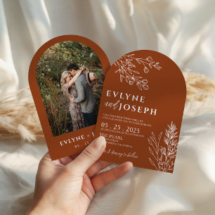 Invitation Mariage Floral Bohème Orange Brûlé Terre Cuite Arq
