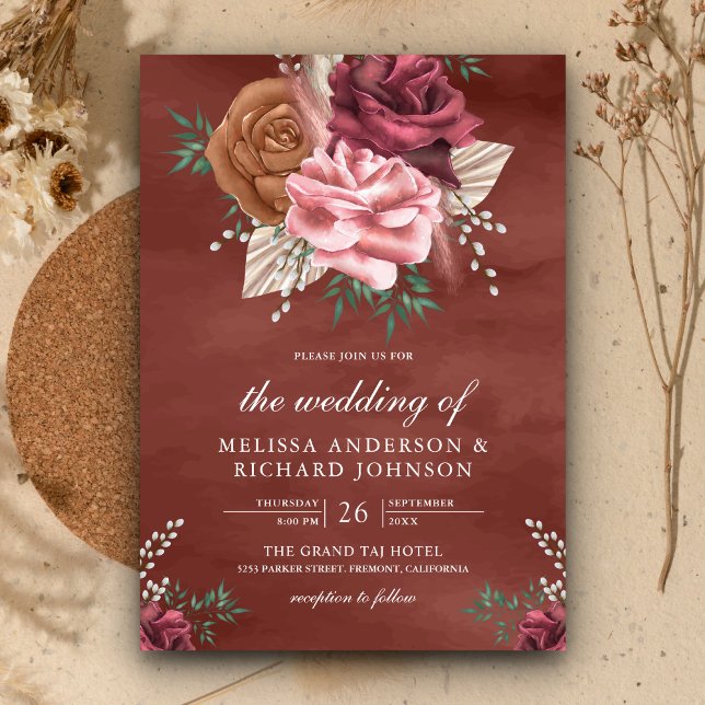 Invitation Mariage Floral Bohème Rustique Cannelle Terre (Créateur téléchargé)