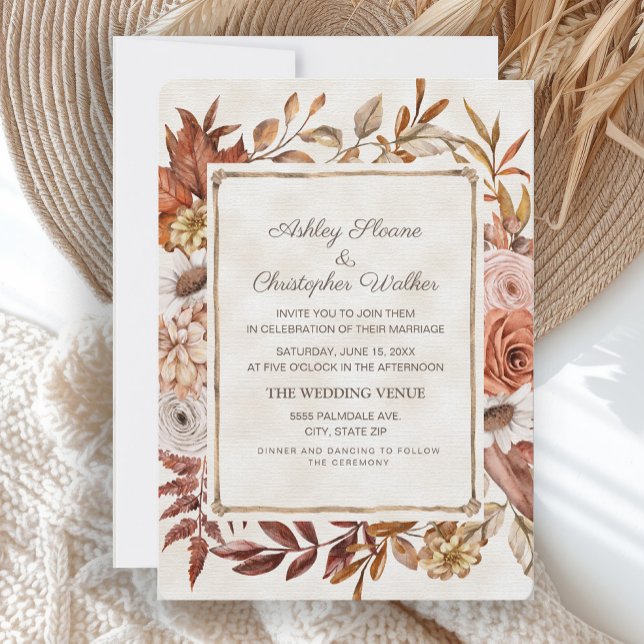 Invitation Mariage Floral Bohème Rustique d'Automne (Rustic brown leaves and blush pink floral fall/autumn wedding invitation)
