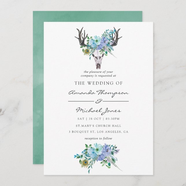 Invitation Mariage floral Boho à la menthe et à l'aquarelle b (Devant / Derrière)