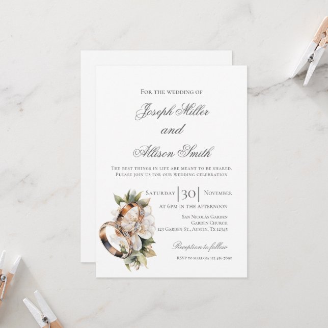 Invitation Mariage floral boho avec anneaux (Devant/Arrière en situation)