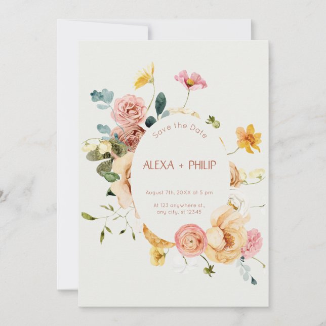 Invitation Mariage floral Boho Beige Enregistrer la date (Devant)