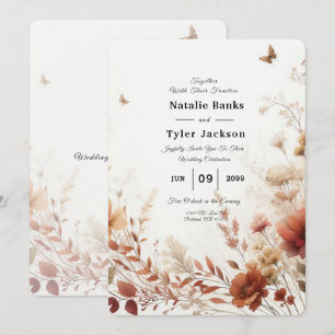 Invitation Mariage Floral Boho Browns avec Papillons