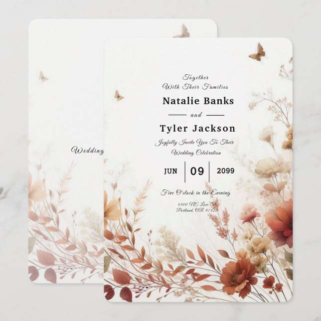 Invitation Mariage Floral Boho Browns avec Papillons (Devant / Derrière)