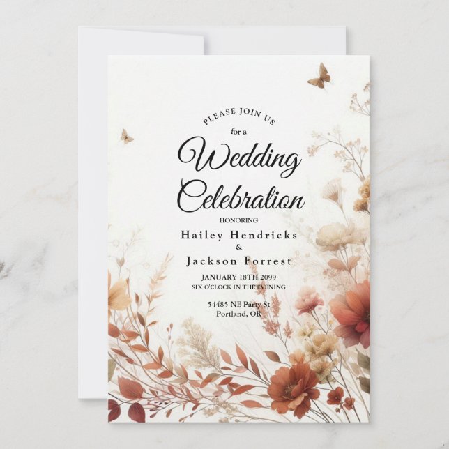 Invitation Mariage Floral Boho Browns avec Papillons (Devant)
