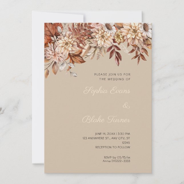 Invitation Mariage Floral Boho Brun Hiver Vanille Foncé (Devant)