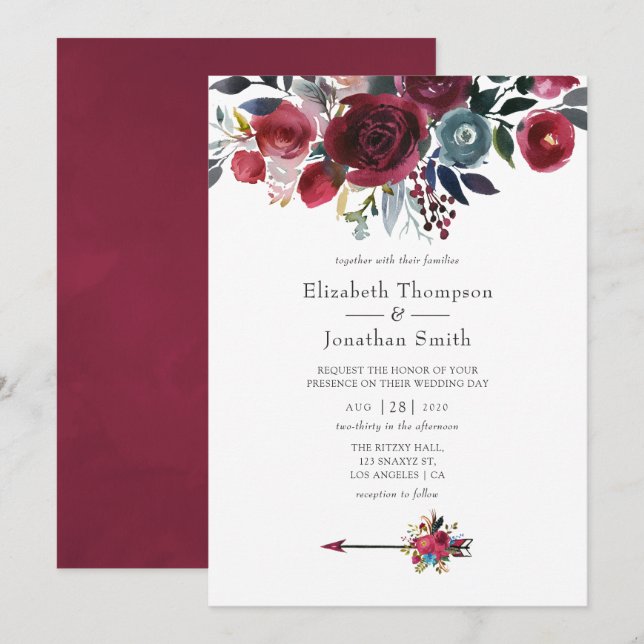 Invitation Mariage floral Boho Chic bordeaux et marine (Devant / Derrière)