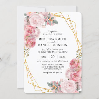 Invitation Mariage floral Boho élégant géométrique rose et or