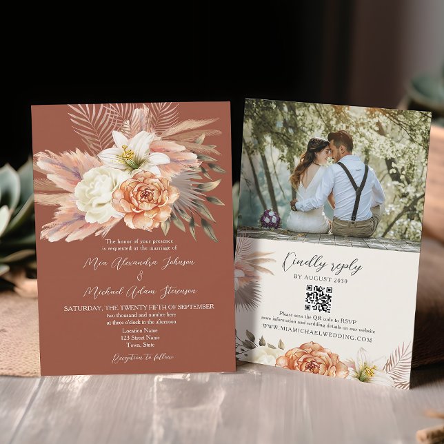 Invitation Mariage Floral Boho en Terracotta avec Code QR (Créateur téléchargé)