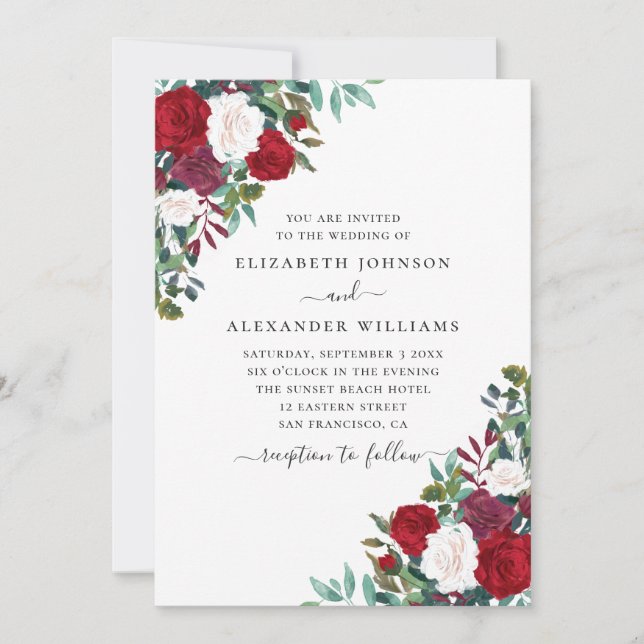 Invitation Mariage floral boho. Fleurs élégantes rouges et bl (Devant)