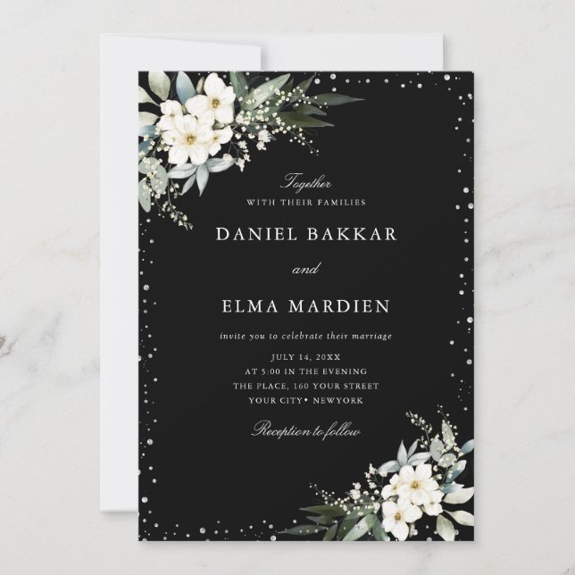 Invitation Mariage Floral Boho Noir Élégant Moderne  (Devant)