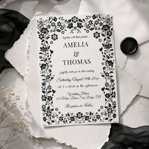 Invitation Mariage floral boho noir et blanc 