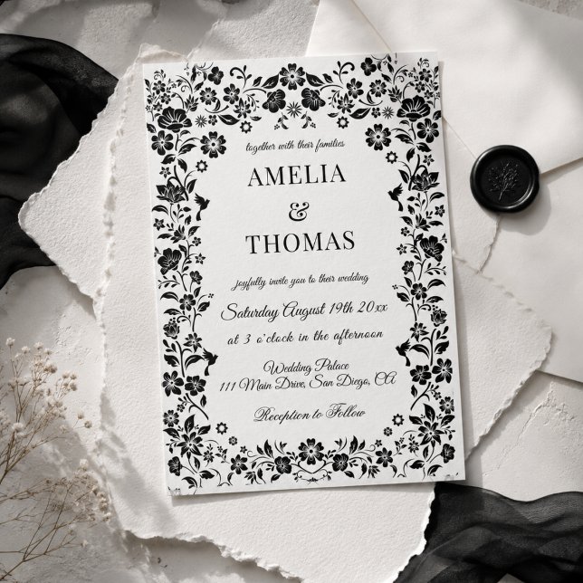 Invitation Mariage floral boho noir et blanc  (Créateur téléchargé)