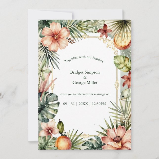 Invitation Mariage floral boho palmiers Hawaï tropical  (Devant)
