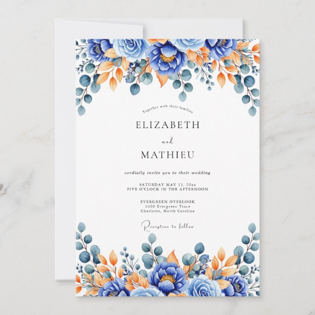 Invitation Mariage Floral Bois Bleu Orange (Devant)