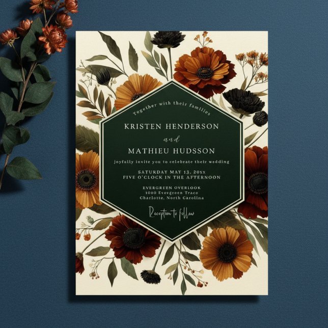 Invitation Mariage Floral Bois Orange Brûlé (Créateur téléchargé)