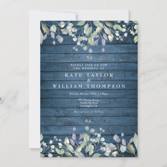 Invitation Mariage Floral Bois Rustique Bleu (Devant)