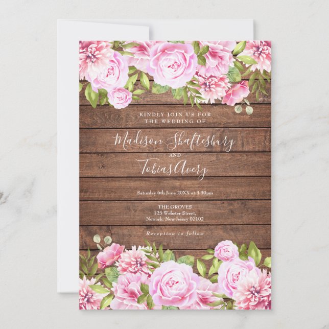 Invitation Mariage Floral Bois Rustique Rose (Devant)
