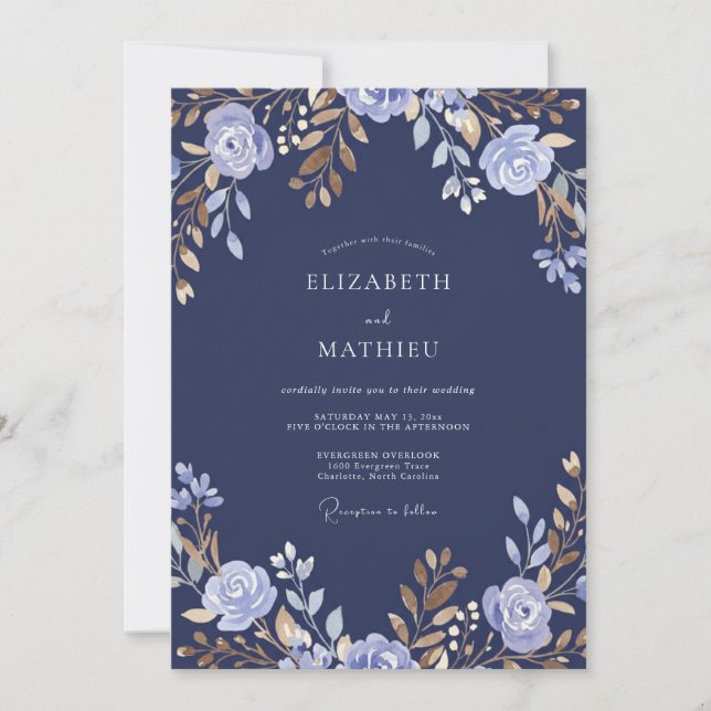 Invitation Mariage Floral Boisée Bleu Marine (Devant)
