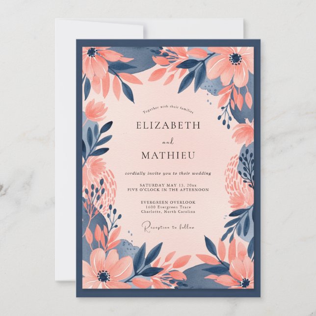 Invitation Mariage Floral Bold Peach Bleu Marine (Devant)