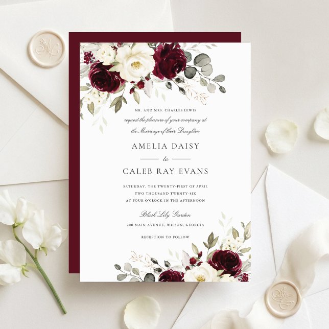 Invitation Mariage Floral Bordeaux Blanc Beige Verdure (Créateur téléchargé)